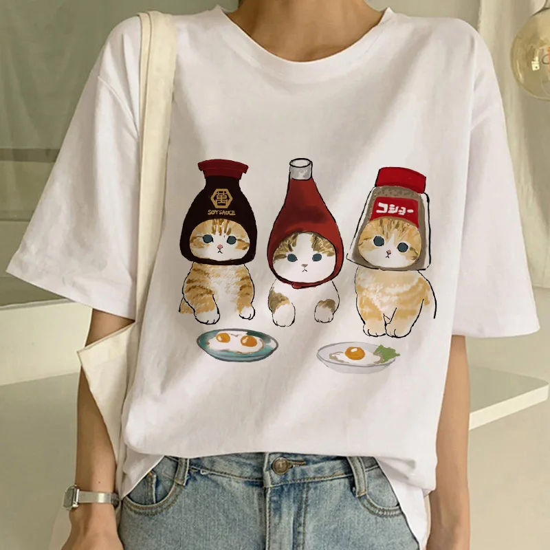

Женская футболка Ulzzang в стиле Харадзюку, простая повседневная модная рубашка с принтом милого кота и графическим принтом, с круглым вырезом,...