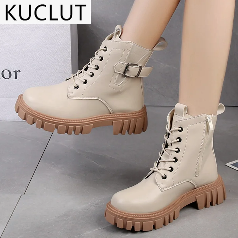

9Women's Casual Ankle Boots 2021 Autumn New Fashtion Paltform PU Leather Zipper Lace-Up Buckle Women's Motorcycle Martin Boots