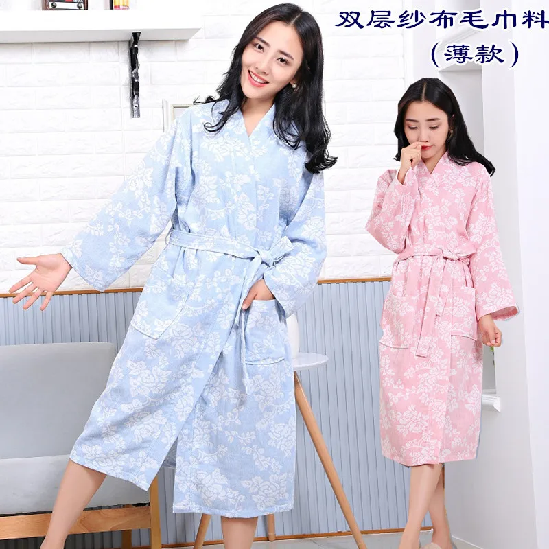 

Couple Spring And Autumn Absorbent Female Sweat Steaming Gown Nightgown 100% Cotton Gauze Thin Bathrobe Double Cotton Yukata