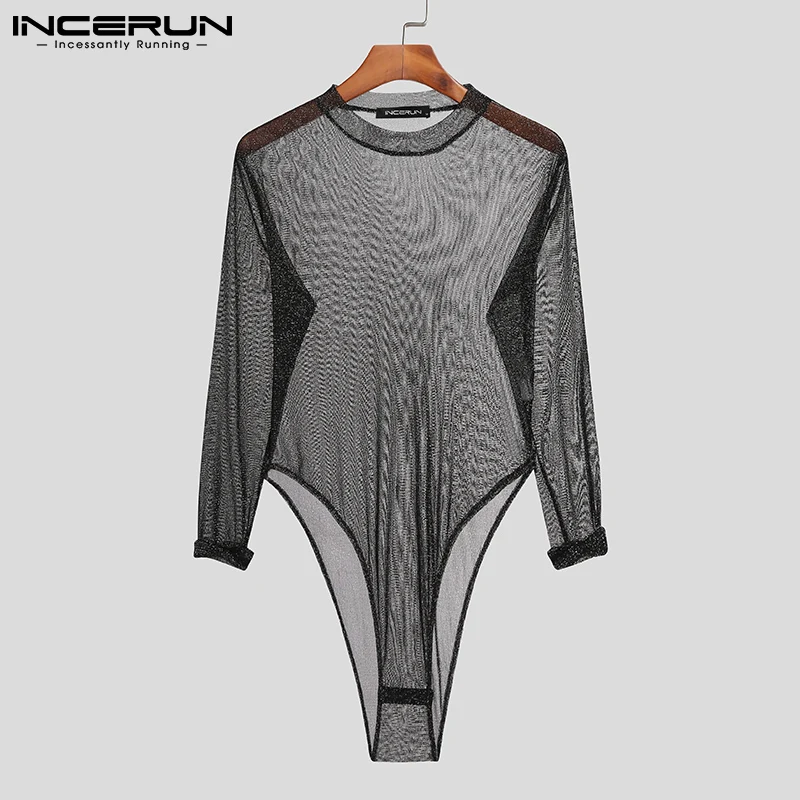 

INCERUN Tops 2021 Breathable Mesh Onesies Furnishing Long Sleeve Rompers Triangle Jumpsuit Comfortable Homewear Nightshirt S-5XL