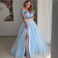 vkiss store verngo sexy off the shoulder prom dress long tulle lace applique light sky blue prom gowns side slit elegant
