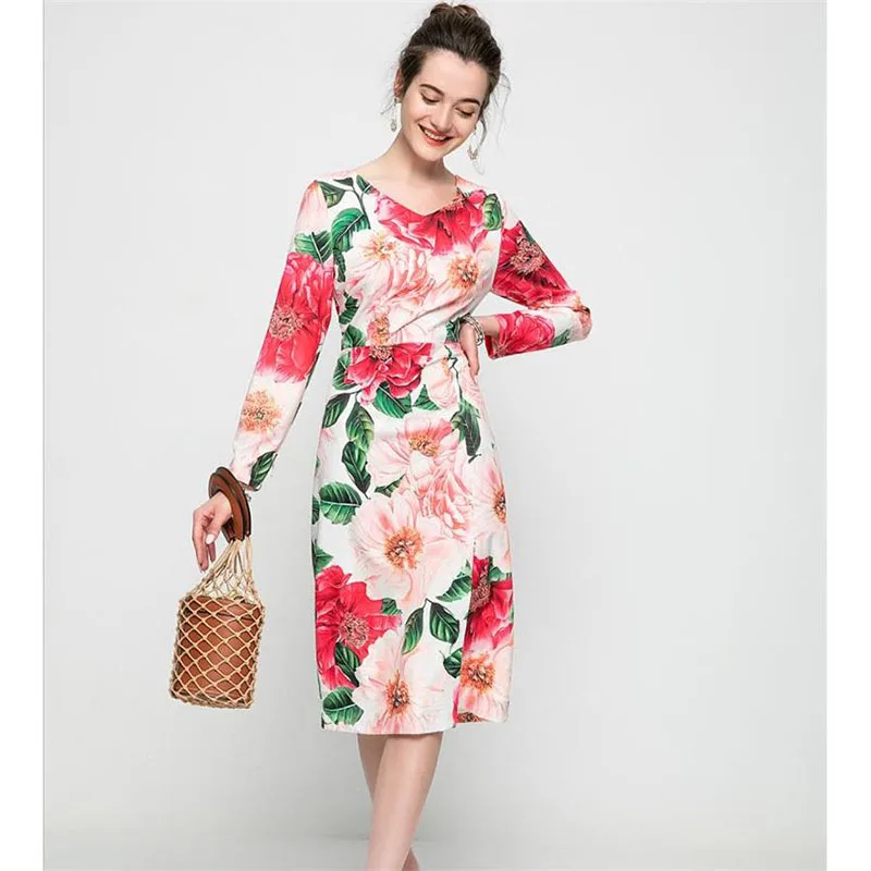 

Women Dress High Quality New Fashion Runway Summer V-Neck Long Sleeves Floral Print Elegant Dresses Casual Vestidos NP1552N