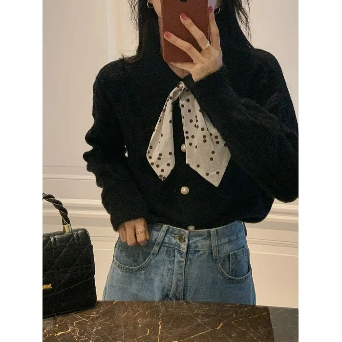 Шелковый шарф с жемчужной пряжкой Кардиган длинным рукавом свитер женский