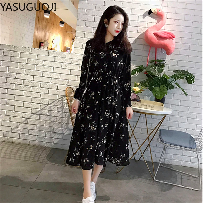 

YASUGUOJI Spring Autumn Women Sweet Pleated Dress Elastic Waist Long Sleeve Floral Print Chiffon Dress Fashion Slim Long Dresses