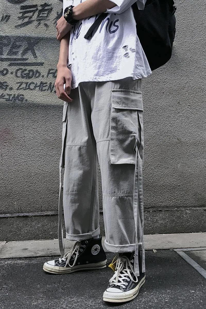 

2020 Spring And Autumn New Youth Popular Solid Color Large Pocket Overalls Fashion Loose Wild Casual Pants Gray / Black M-2XL