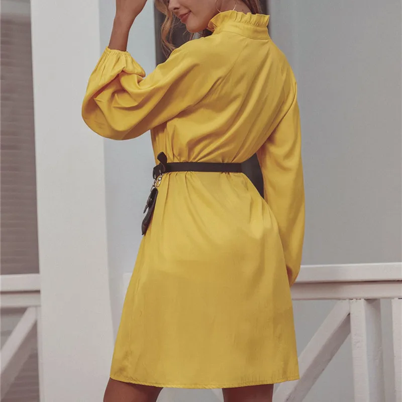 

Casual Elegant Women V-neck Mini Dress Fashion Vintage Lantern Sleeves Lace Up Slim Dress