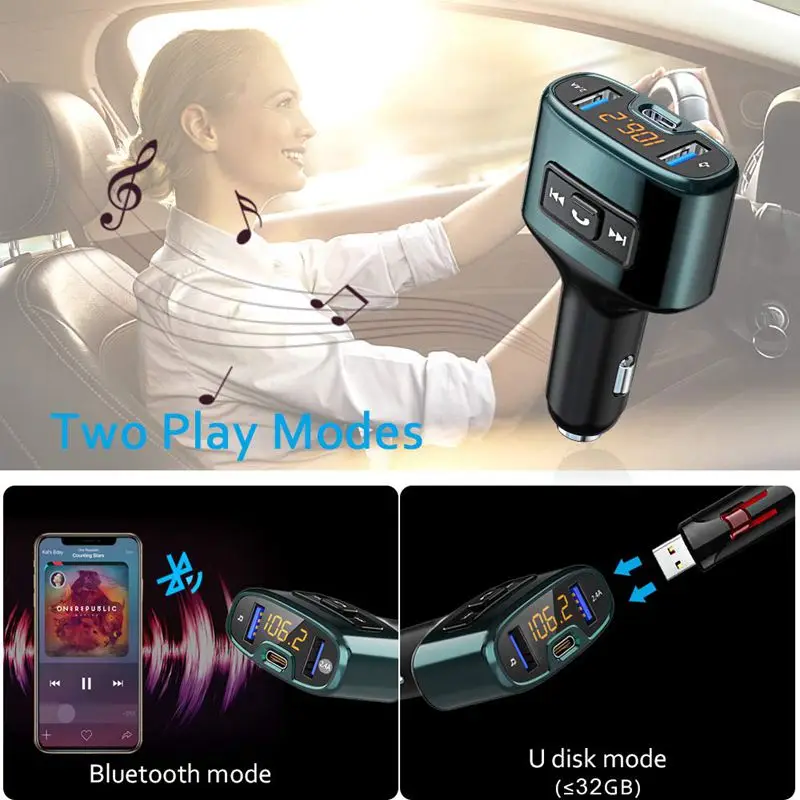 Bluetooth FM Transmitter Wireless Radio Adapter Receiver Car Kit with 18W USB Type-C Charger Port5V/2.4A Dual Ports Sup |