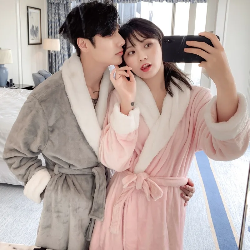 

Nightgown autumn winter increase long pajamas women thickened flannel couple robe feminino wedding dressing gown home service