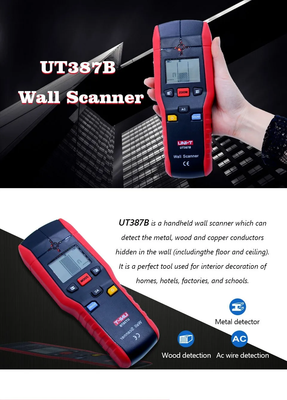 UNI-T UT387B настенный детектор многофункциональный ручной настенный тестер Металл Дерево кабель переменного тока искатель сканеры стен 20-80 мм