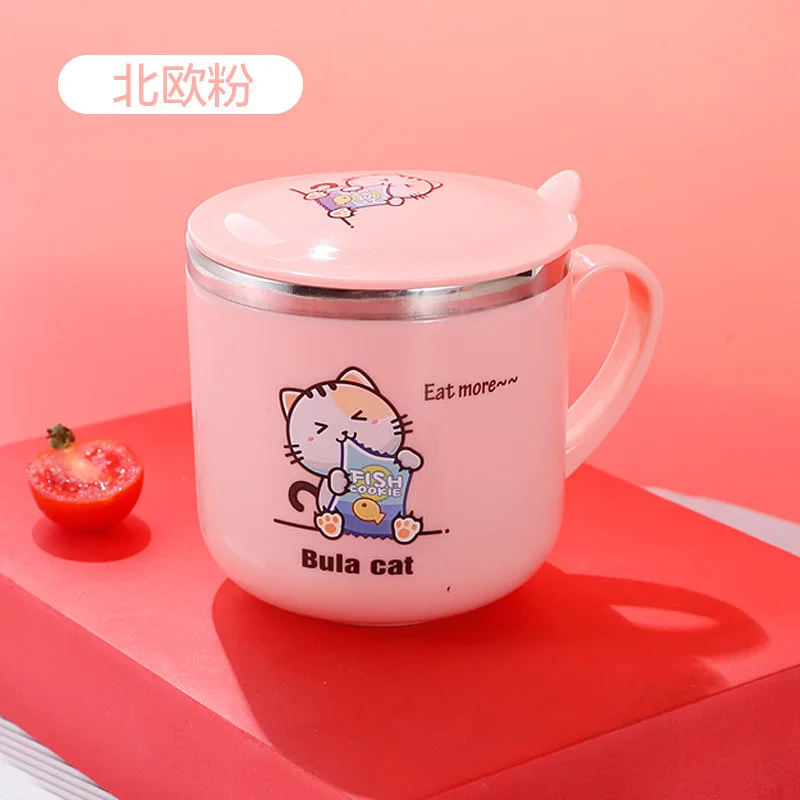 

304 stainless steel children's water cup cartoon creative cup with cover and handle double-layer heat insulation anti scalding
