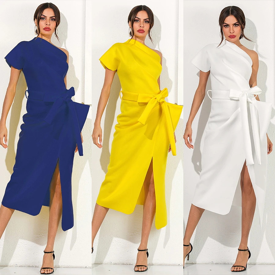 Women Dress One Shoulder with Waist Belt Slim Party Evening Elegant Dresses Split Yellow Blue Black White Night Date Robe Female