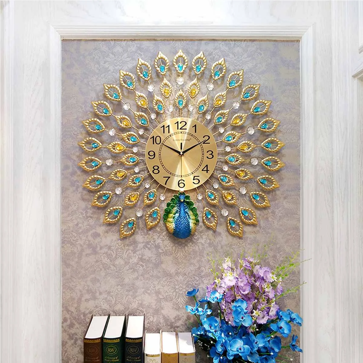 

Часы настенные кварцевые с алмазным кристаллом и павлином, 60x60 см