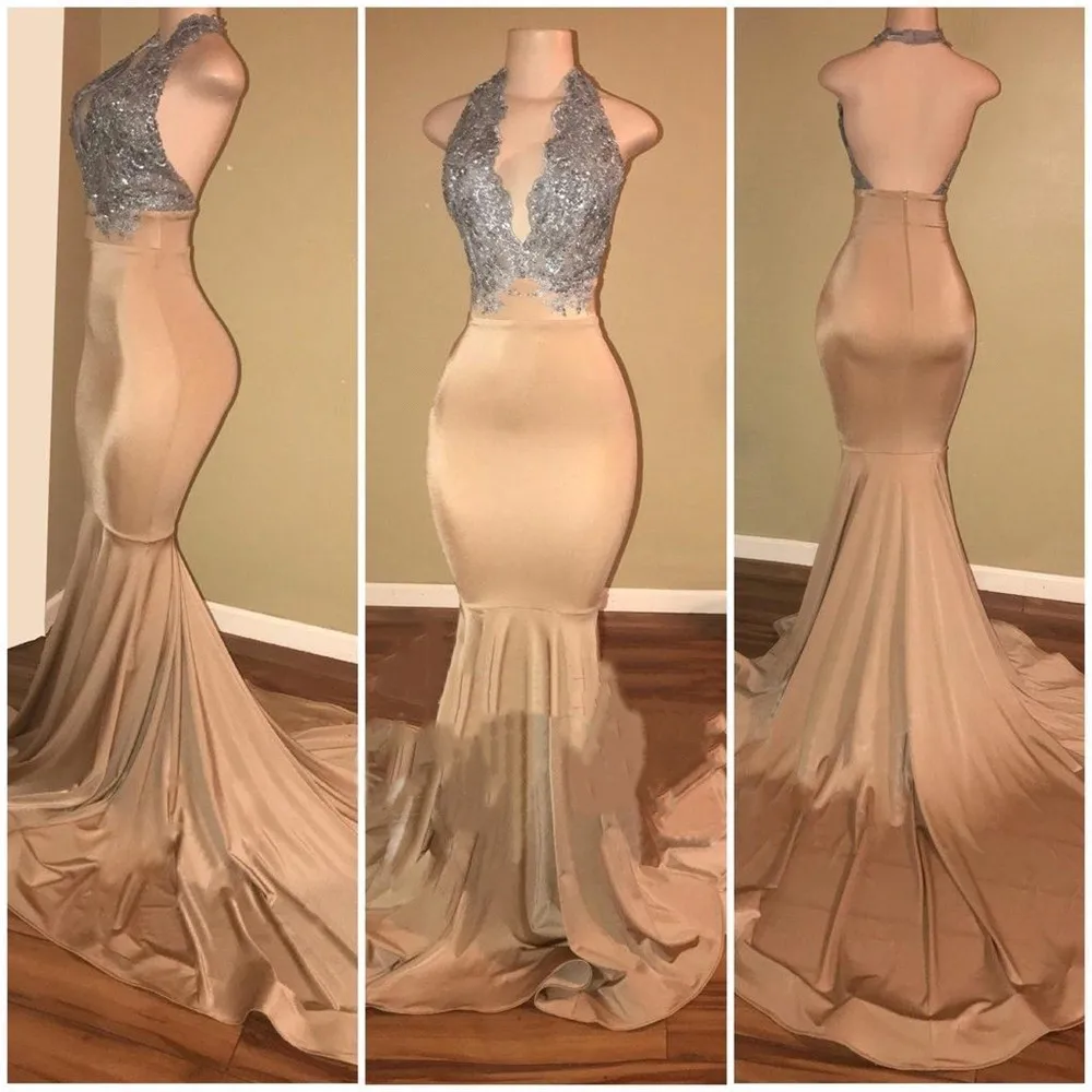 

Sexy Silver Lace Mermaid Champagne Prom Dresses Long Elegant Halter Neck Sequins Prom Evening Gowns Robe De Soiree