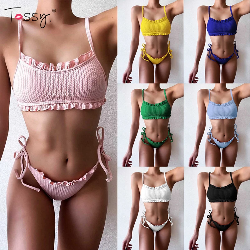 

Tossy Sexy Solid Ribbed Ruffles 2 Piece Set Bikinis 2021 Summer Vacation High Waist Beachwear Bandage Mini Thong Swimsuit Women
