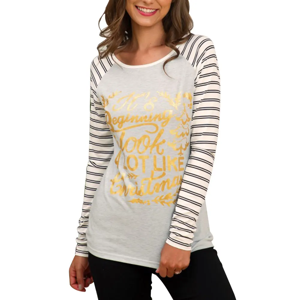 

Новые женские футболки, полосатые женские Топы с длинным рукавом и зеркальным рождественским принтом DO99