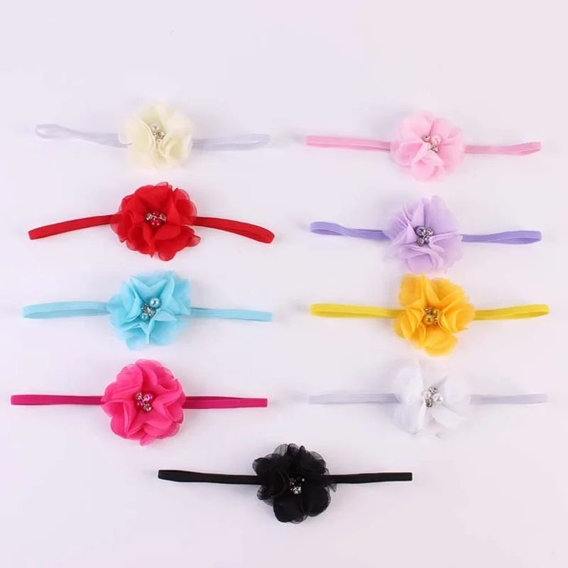 

New Fashion Baby Headband Hand-sewn Diamond Flower Chiffon Flower Rose Bud Combination Child Baby Headband 2pcs/Pack
