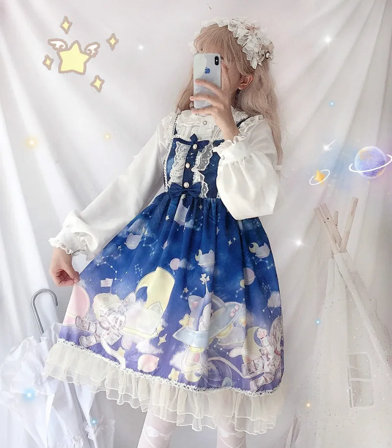 Sleeveless DeepBlue Платье в стиле Лолиты; милое платье в японском стиле Kawaii; платье принцессы для девочек в винтажном готическом стиле; кружевная розовая летняя юбка с принтом - Цвет: Sleeveless DeepBlue