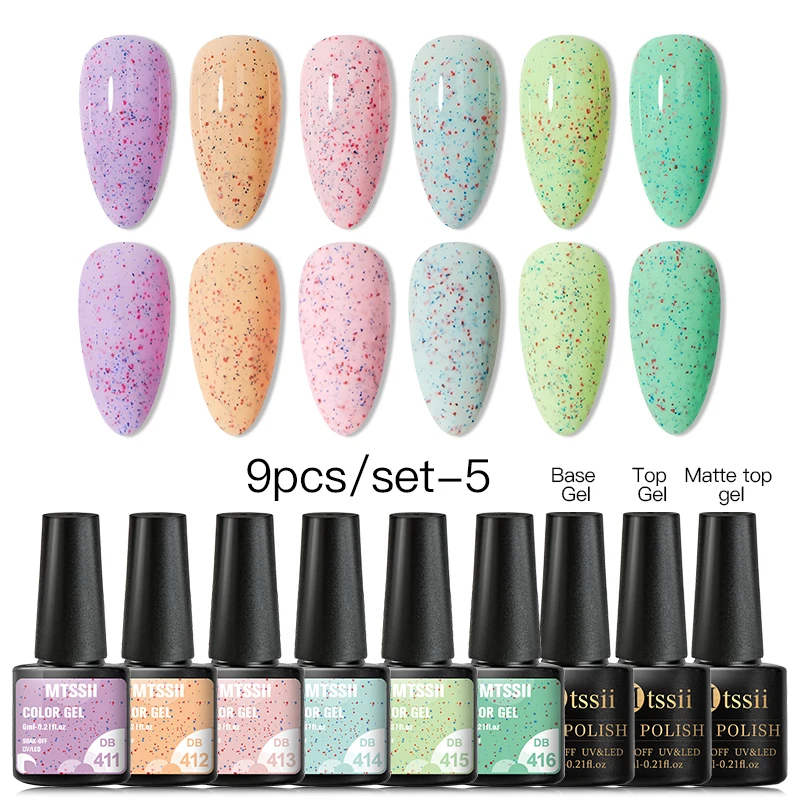 

Mtssii 9 Pcs Yogurt Nail Gel Polish Set W/Base/Top/Matte Top Coat Nude Color Glitter Nail UV LED Semi Permanent Gel Long Lasting