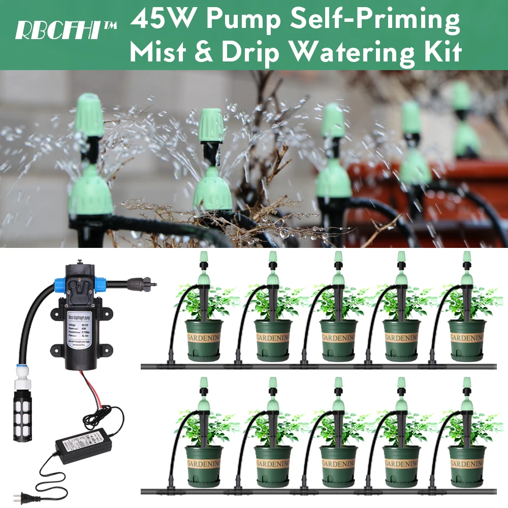 10-25M 45W Pump Self-Priming Watering System Adjustable 2-IN-1 Misting Spray Drippers Garden Balcony Irrigation Kit 110-124V