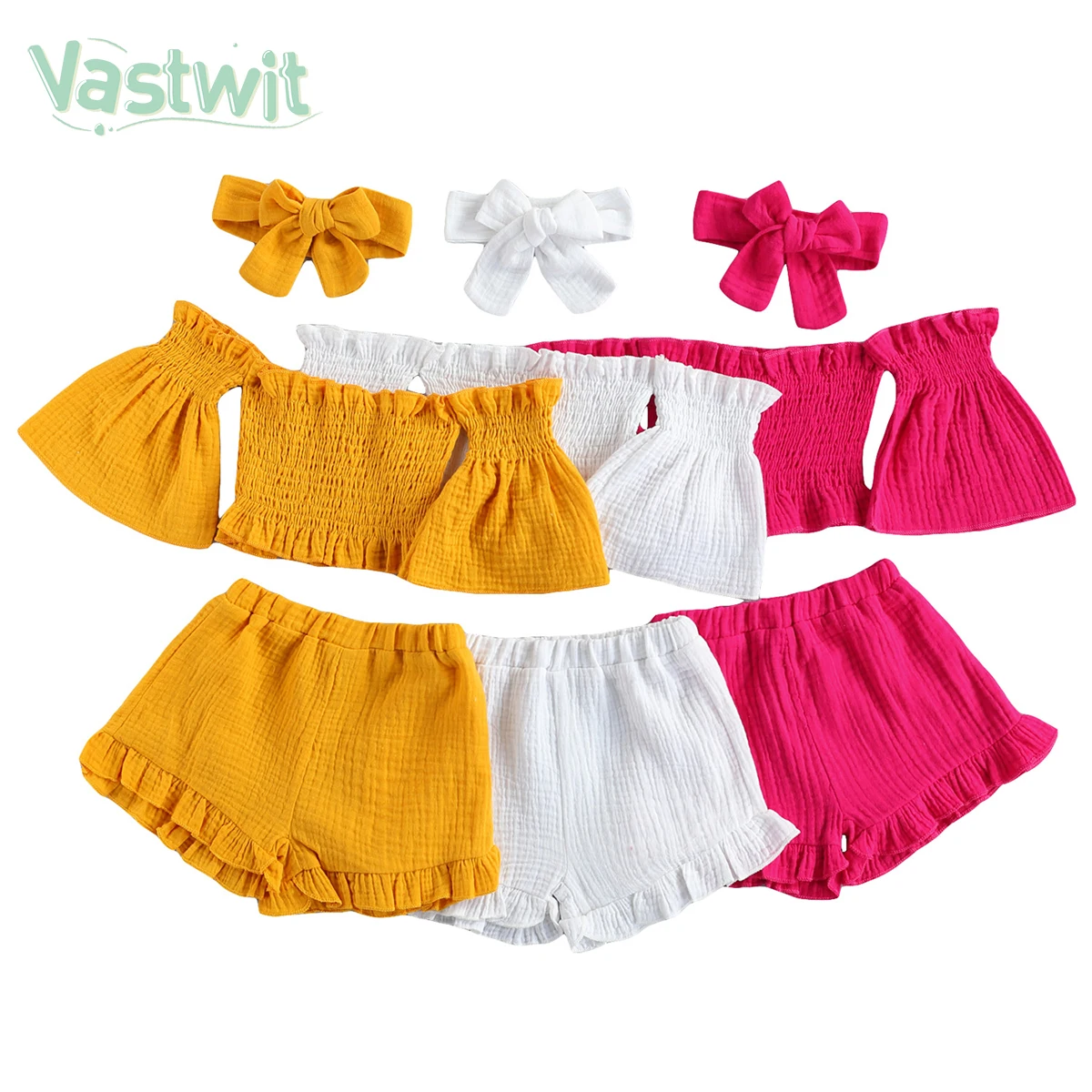 

Summer Kids Baby Girls Outfit Off Shoulder Solid Color Flare Sleeve Crop Tops+Ruffle Shorts Headband 2Pcs Set Daily Party Wear