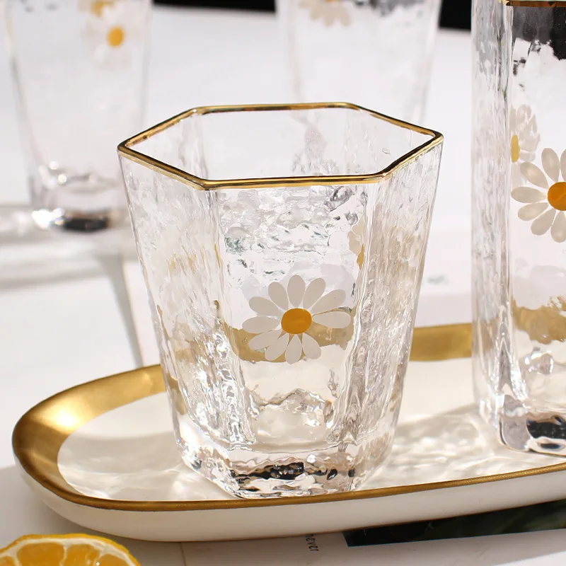 Household Wine Glass Set Little Daisy Water Cup Hexagon INS Phnom Penh Summer Juice Japanese Wire Mesh | Дом и сад