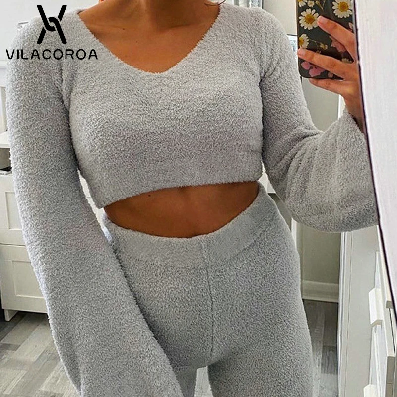 

Women Casual Knitted Sets V Neck Flare Long Sleeve Crop Tops And Shorts Two Piece Set Leisure Home Clothing Autumn Solid Suits