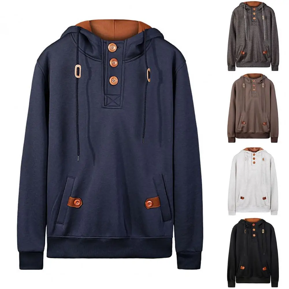 

2021 Men Autumn Winter Loose Warm Long Sleeve Hooded Button Sport Sweatshirt Pullover