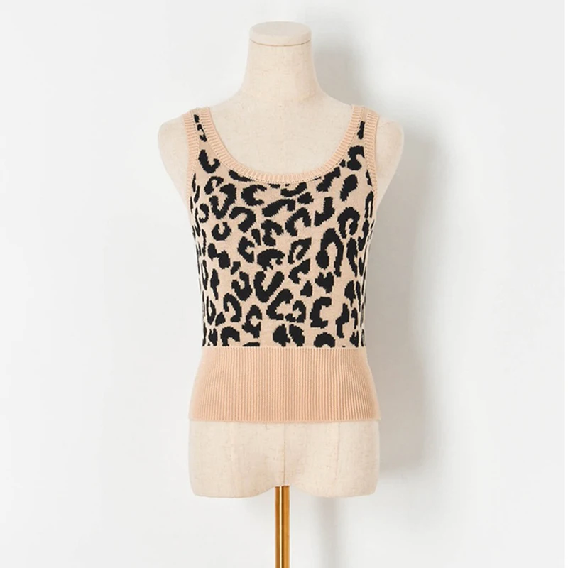 

Women 2021 Autumn Fashion Leopard Slim Fitted Knitted Vest Sweater O Neck Sleeveless Female Waistcoat Chic Tops B-171