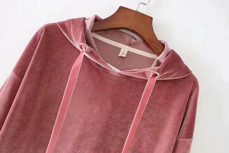 

Spring Winter Women's Hooded Pocket Sweater Velvet Pullover Solid Color Sweater Top