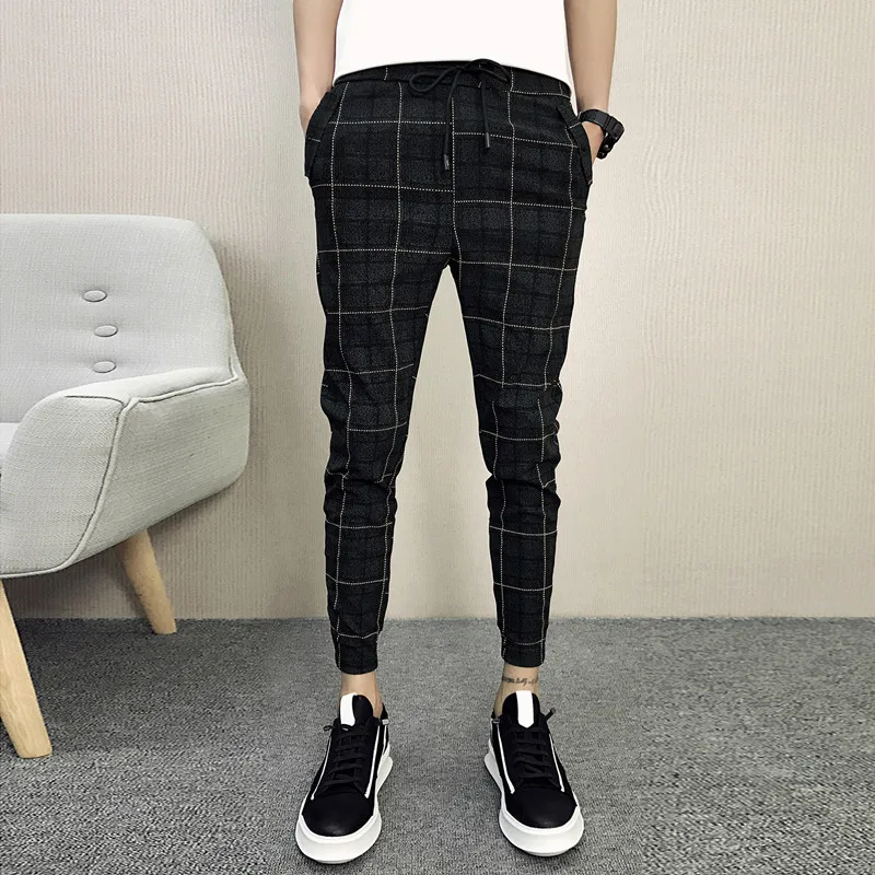 

2022 New style fashion Male Elastic waistline leisure joggers sweatpants/Men High-grade pure cotton tight grid Pencil pants