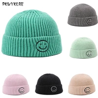 letter embroidery men and women knitted hats fashion trend smiley face pattern no eaves hat outdoor warmth pullover hat