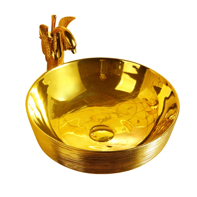 

High quality golden wash basin / local tyrant golden platform basin / round European RETRO art platform basin
