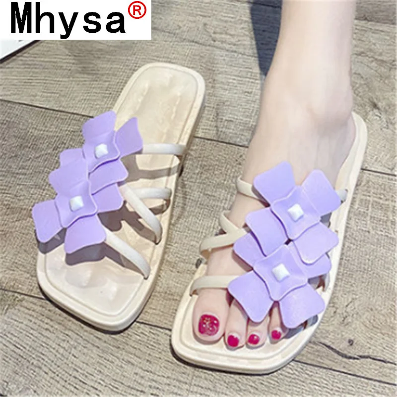 

2021 Women Shoes Summer Fashion Summer Flowers Square Head Open Toe Sandals Outdoor Comfortable Set Foot Casual Flat Slippers