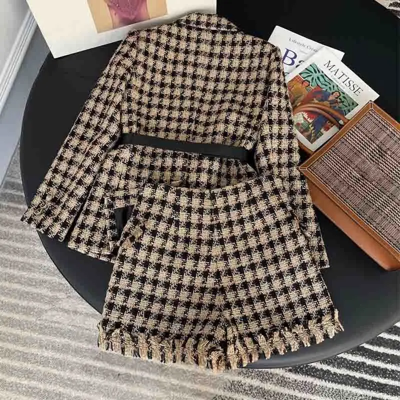 Early Women Sets 2021 Spring Wool Houndstooth Suit Retro Single-breasted Suit High Waist Shorts With Belt 2 Piece Set