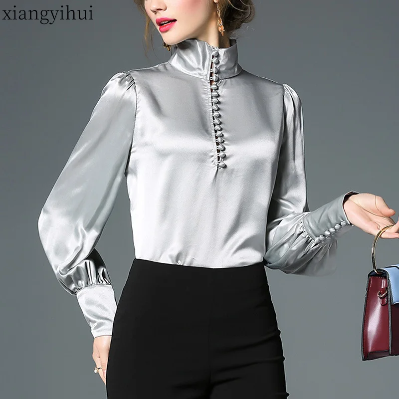 

Natural Silk Blouses for Women High Quality Turtleneck Shirt Office Ladies Tops Female Silk Lantern Sleeve Blusas Button Shirts