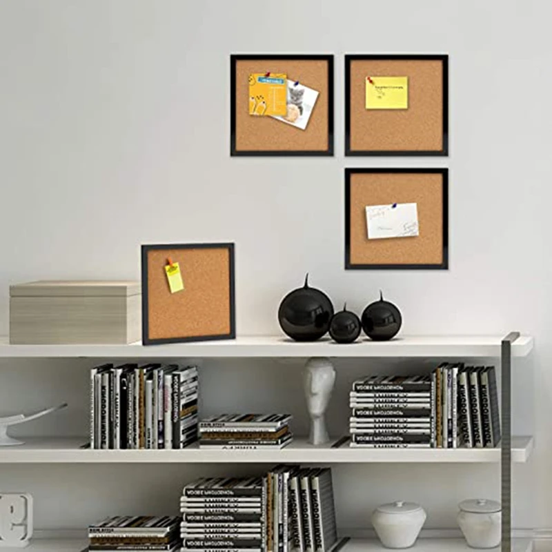 

Bulletin Board 4 Packs Corkboards Black Framed Cork Tiles Square Pin Board Modern Decorative for Office Home School Wall