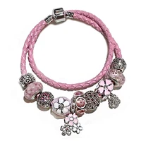 korean girl cold female bouble pink leather cord bracelet european fashion pandiy charm womens bracelet brand jewelry