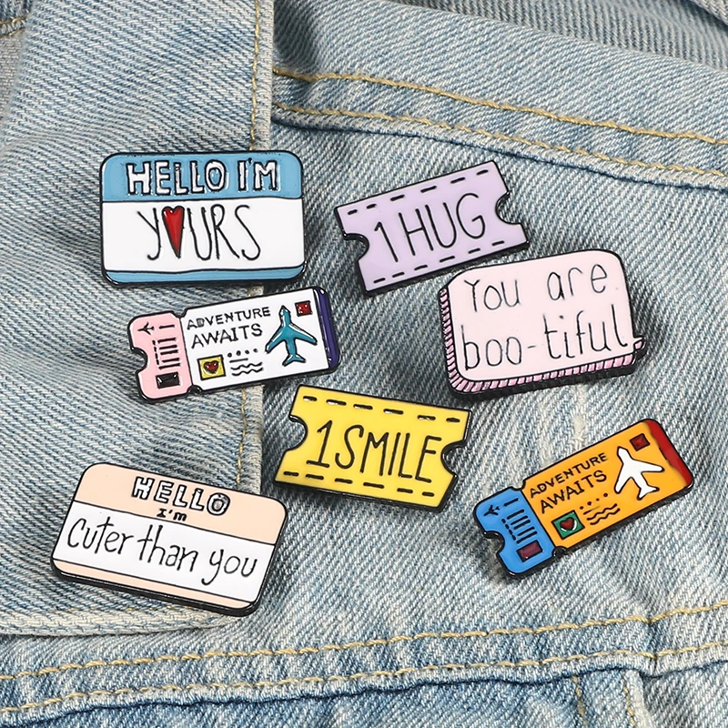 

Cartoon Travel Airline Tickets Brooches Love Tag Notes Enamel Pins Movie Tickets Badge Shirt Backpack Hat Lapel Pin Jewelry Gift