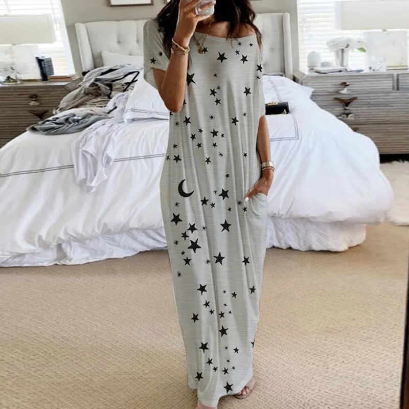 

Women Short Sleeve Floor-Length Dress Summer Star Moon Print Long Dresses Ladies Casual Loose Split Maxi Dress Vestidos