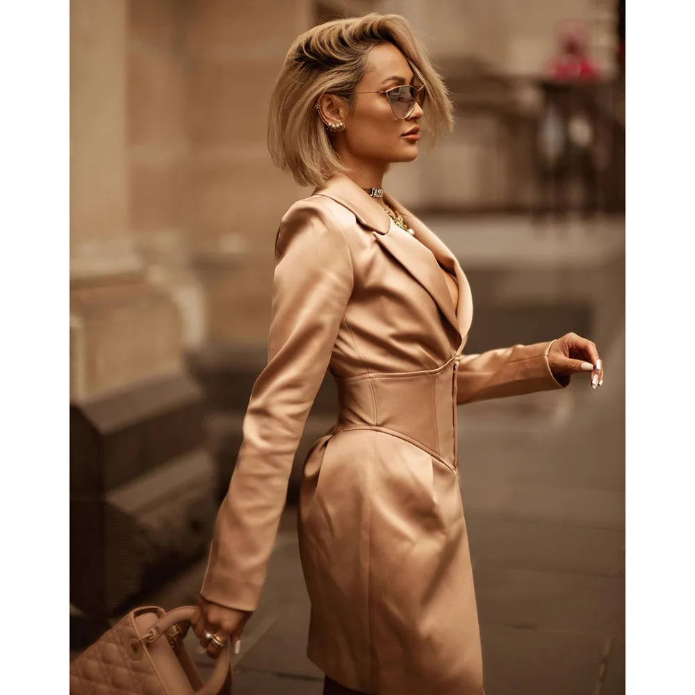 

Ladies Elegant Dress 2020 Low-cut Waist Irregular Sexy Suit Collar Long Sleeve Dress Spring