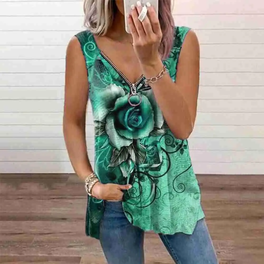 

2021 Summer New Fashion Women V-neck Sleeveless Vest Flower Top Sexy Size Casual S Camisole Rose Plus Print L6r2