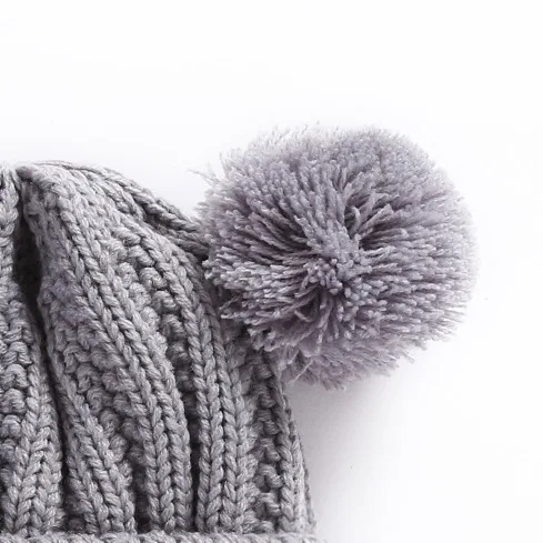 Детская вышивка мультяшного кота Beanie Зимняя Толстая вязаная теплая мягкая шапка с двойным помпоном для мальчиков и девочек, Кепка с ушами, шапочка для малышей