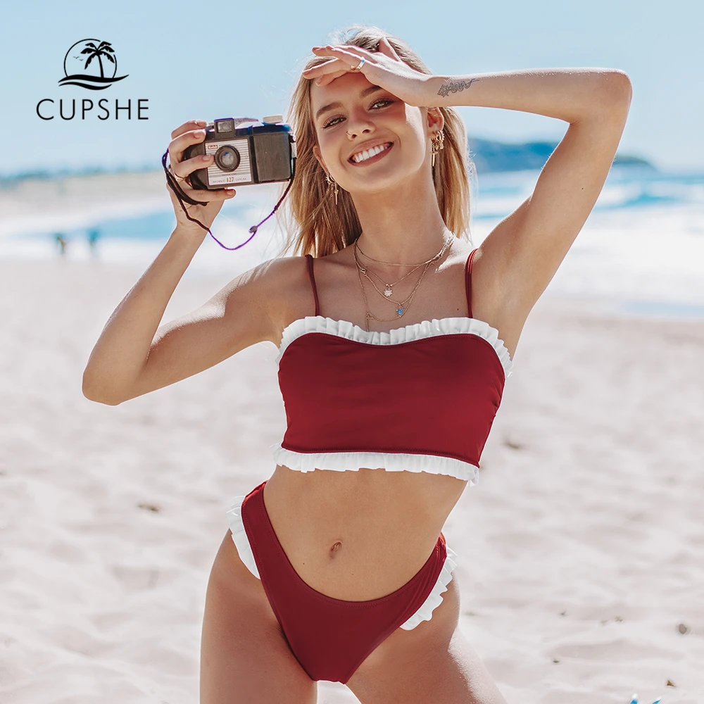 CUPSHE черный красный гофрированный бандо бикини наборы сексуальный купальник с
