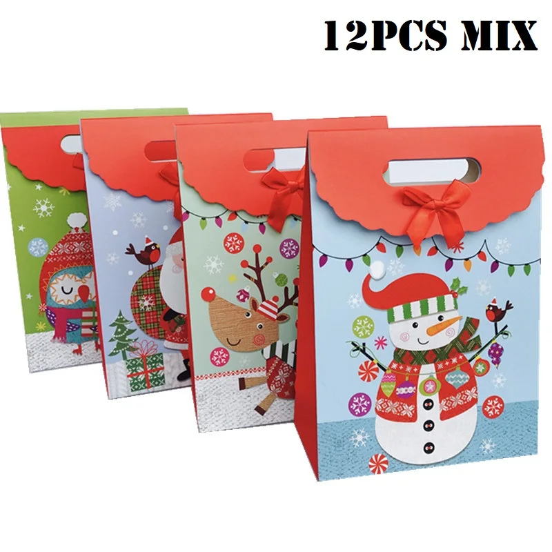 E 12pcs mix 12 шт./компл. ярко-красного цвета с рисунком Санта Клауса, большие сумки, Reutilizables Веселый Рождественский подарок сумки Бумага рождественские конфеты сумка с ручками - Цвет: E 12pcs mix