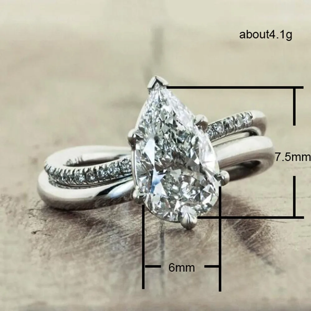 Visisap 7 мм Груша Циркон капли воды Форма кольца для леди модные обручальные женщин