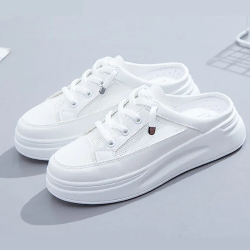 

2021 Summer New Half Slippers Velcro White Shoes Women's All-Match Breathable Mesh Shoes Outdoor Lazy Shoes