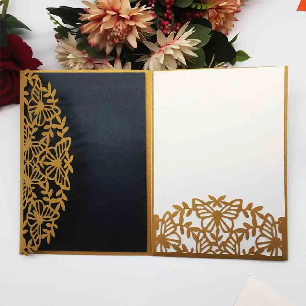 

50Pcs/lot Hollow Laser Cut Wedding Invitations Card Greeting Cards Three Folds Wedding Decoration Party Supplies