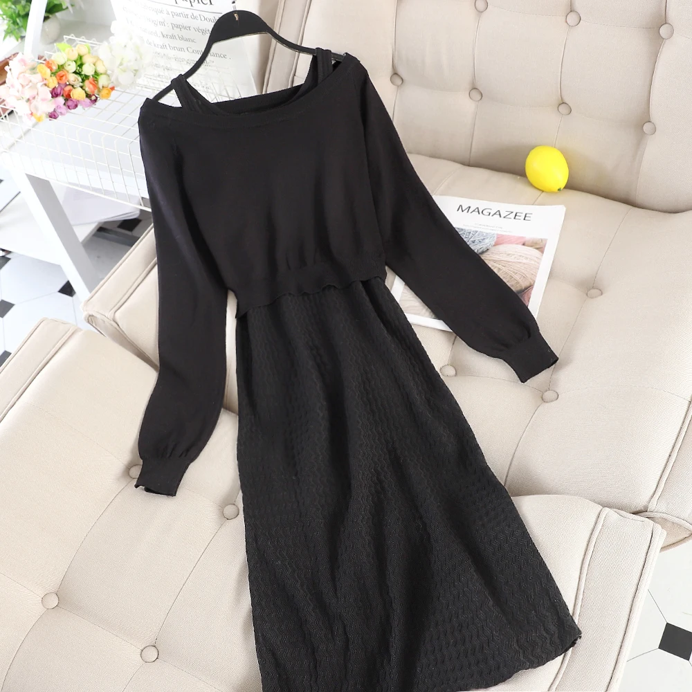 Осенний маленький аромат новый костюм трикотажное платье на подтяжках + пуловер