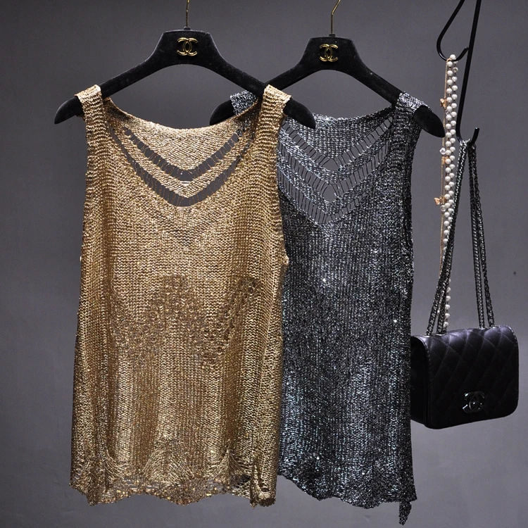 

Sequined Sexy Hollow Camisole Top Woman Gold Sleeveless Shirt Knitted Slim-Fit Top Crop Top Women Casual Tops Nancylim