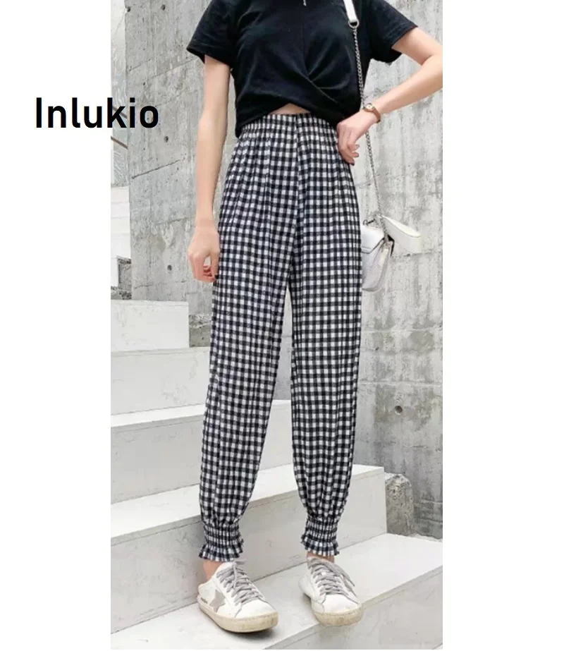 

Женские клетчатые шаровары с высокой талией, свободные шифоновые черные тонкие брюки в стиле хип-хоп с эффектом пуш-ап, стильные уличные брю...